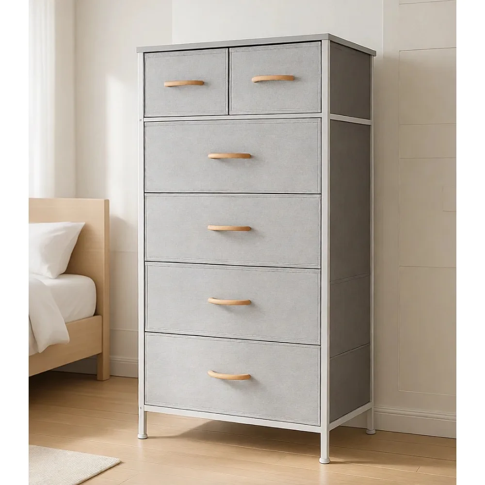 

Tall Fabric Dresser with Six Drawers Steel Frame Wood Top for Bedroom Closet Hallway Light Gray