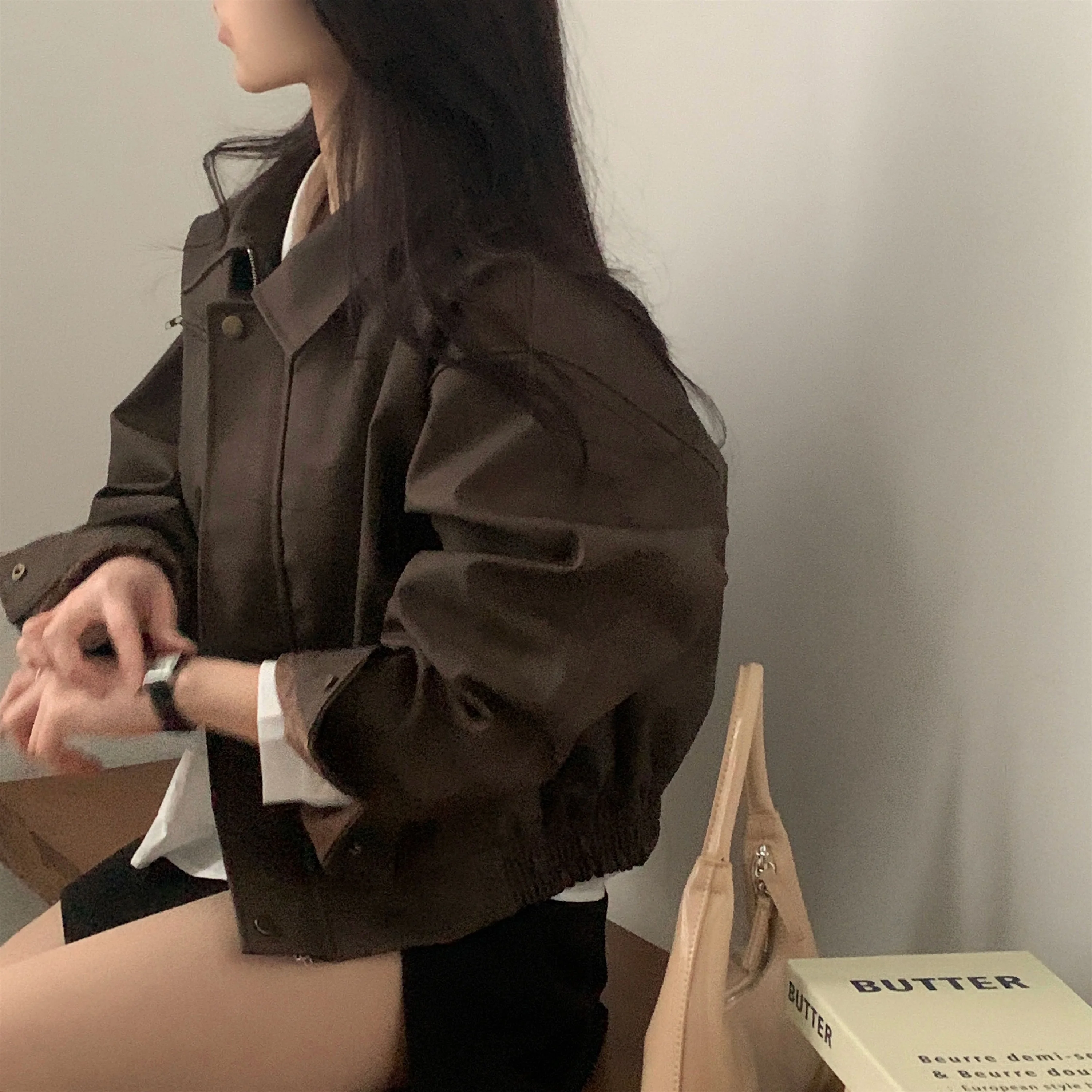 أنيقة الخريف جديد خمر فضفاض طويل Sve الجلد المدبوغ بولي Leather الجلود Jaet طوق معطف الكورية Sle المرأة Faion ملابس خارجية
