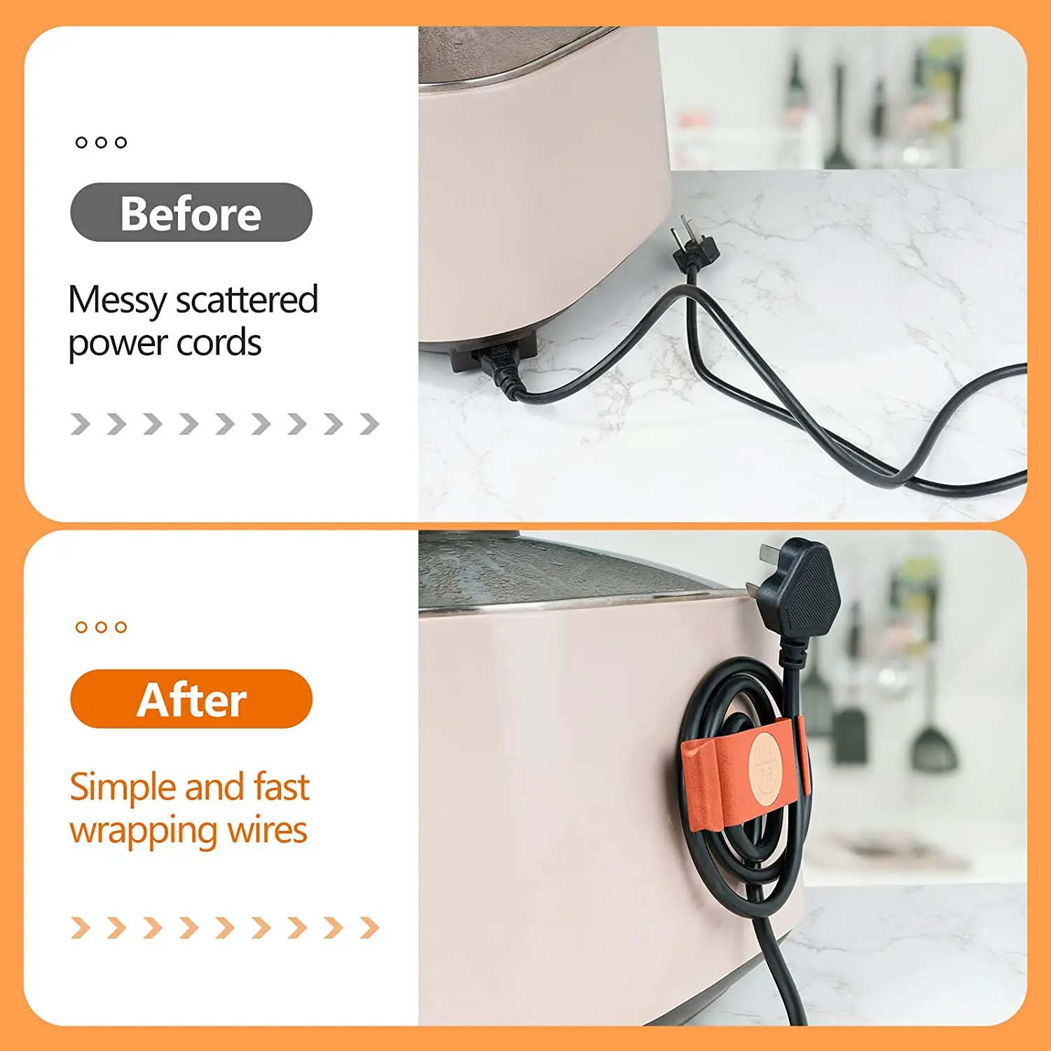 キッチン家電用の粘着性コードオーガナイザー、家電コードホルダー、回転ラップ、オレンジ、4個