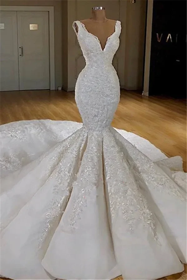 Vestido de novia de encaje de sirena africana personalizado en línea sin mangas vestidos de novia hinchados vestido de marca cola de pez