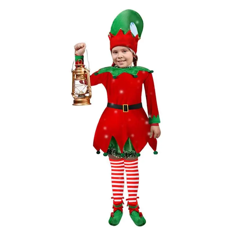 Kids Christmas Elf Costume Set Holiday Toddler Elf Costume Toddler Christmas Outfit With Elf Hat Shoes Cover Striped Stockings