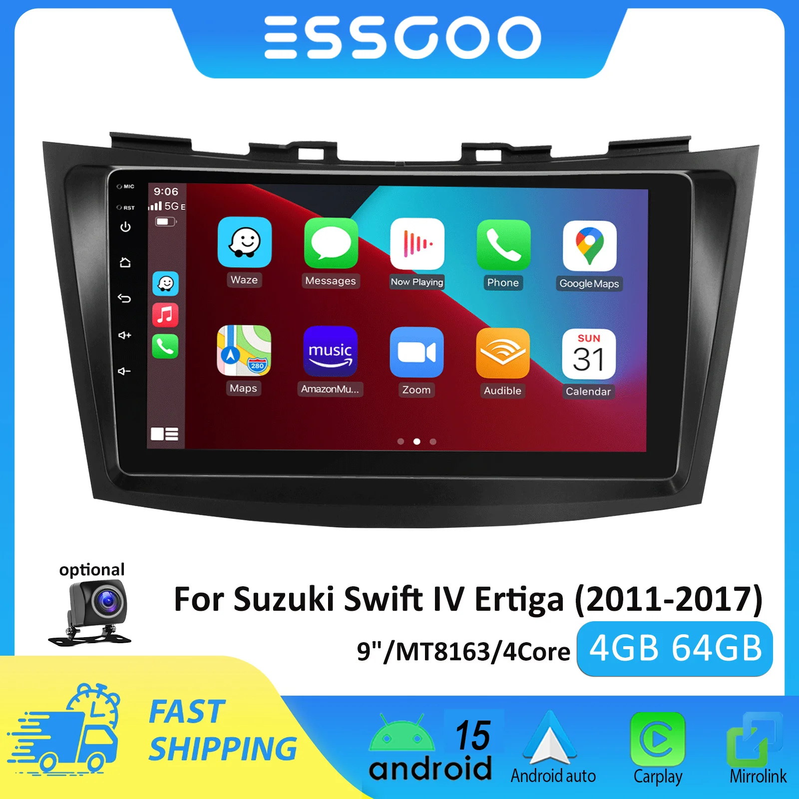 ESSGOO 9-Zoll-Android-Autoradio für Suzuki Swift IV Ertiga 2011–2017, kabelloses Carplay, Android Auto, 4 GB, 64 GB, GPS-Multimedia-Player