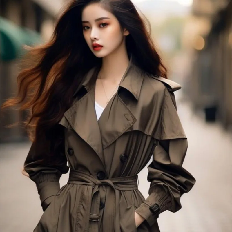 Retro Graceful and Fashionable Nice Hepburn Style Slimming Mid-Length Trench Coat Women's New