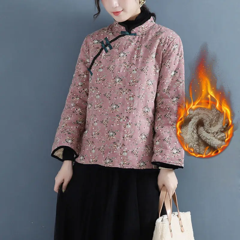 2024 Autumn Women Vintage Floral Tang Suit Shirt Female Winter Fleece Coat Warm Cotton Clothes Mother Cheongsam Jacket S-4XL