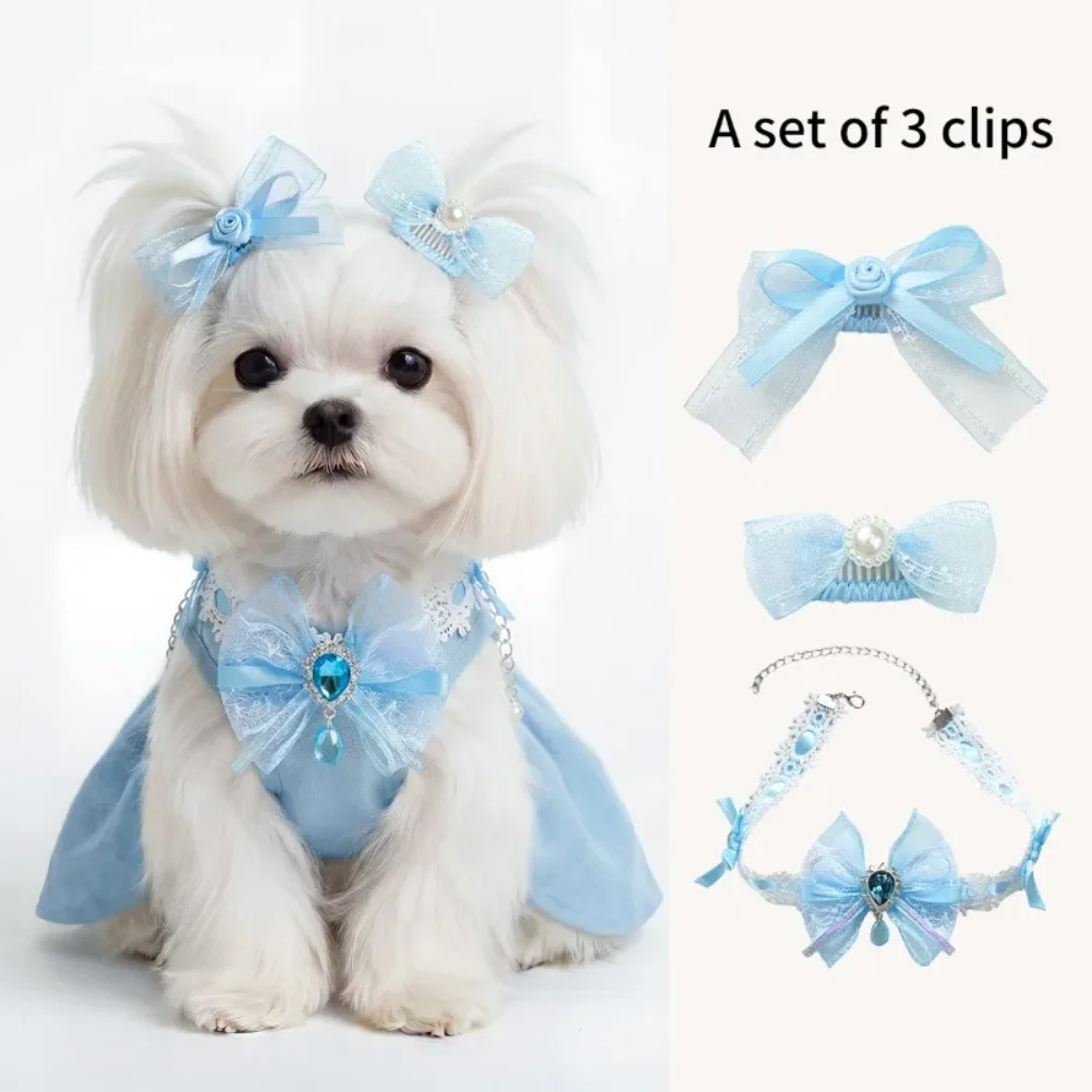 

Pet Dog Cat Hairpin Collar Set Pet Dog Bows Hair Clips for Puppy Dogs Cat Yorkie Teddy Pink Hair Grooming Pets Diamond Collar