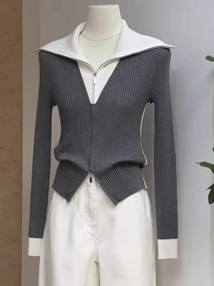 

Double Zipper Loose Knit Cardigan Women's Autumn New Sle Casual Lazy Versatile Open-irt Faionable Korean Sle Long Sve