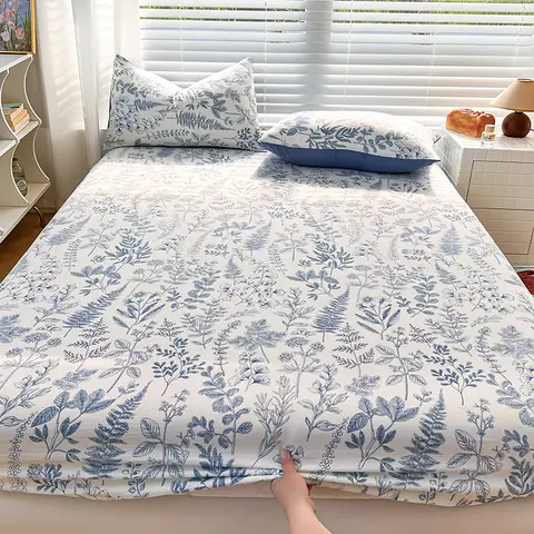 Zacht gewassen katoenen hoeslaken, bloeiende bloemenprint met rondom elastiek - diepe zak voor eenpersoons queensize kingsize bedden