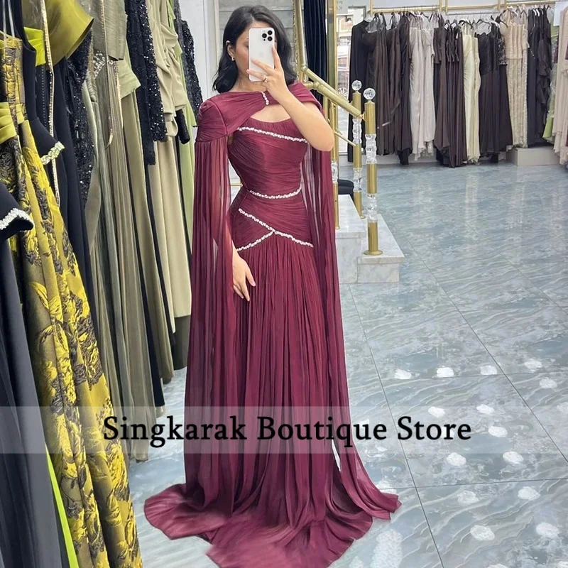Glitter Draped Chiffon Evening Dresses Burgundy Mermaid Pleated Prom Dress With Crystal Embellished Strapless Cap Sleeve Gowns