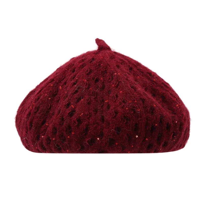 Koreanische minimalistische, durchbrochene Strickmütze mit Pailletten, Kürbismütze für Damen, für Herbst und Winter, weiche, lässige Malermütze im literarischen Stil. – Detail 8