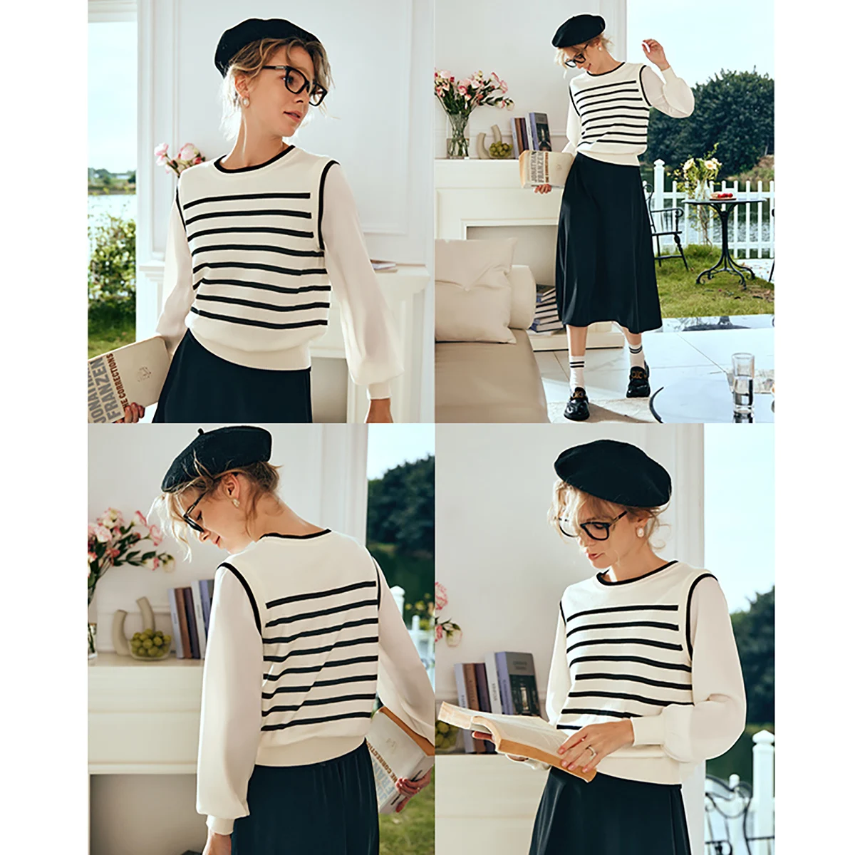 OLrain Striped 2 in 1 Pullovers for Women 2025 Spring Summer French Long Sleeve O Neck Knitwear Office Lady Tops O24CZ88661