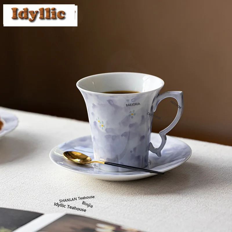 HOYIHM 190ml Hand-painted Flowers With Spoon Coffee Mug With Plate Beer Cup Afternoon Tea Mug Cup Saucer Kit Cafes Decoration