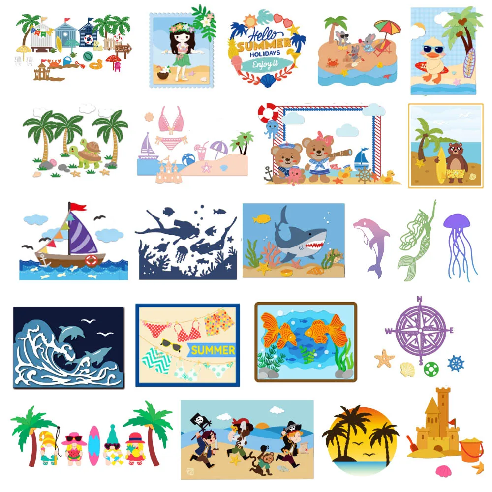 Matrices de découpe de station de bord de mer plage cocotier crabe château de sable planche de surf découpes d'été pour bricolage Scrapbooking fabrication de cartes en papier