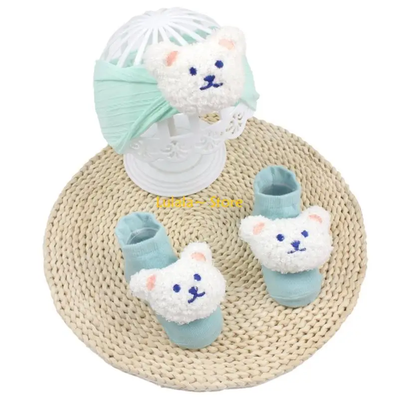 Y4QA Baby Hairband and Socks Set Slip Resistant Floor Socks with Matching Headband