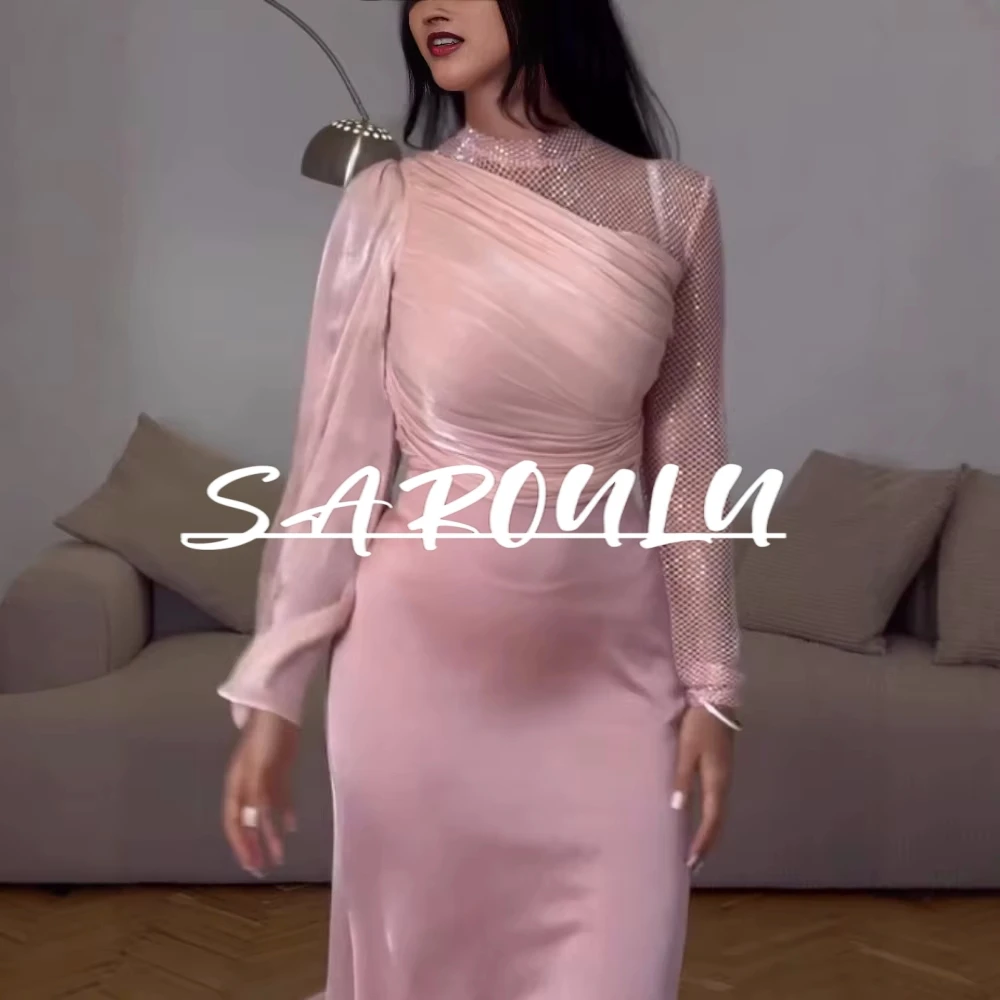 

Pink Pleated Satin Evening Gown For Women Shiny Graceful Long Sleeves Arabic Abaya Prom Dress Fast Shipping Classic Formal Wear