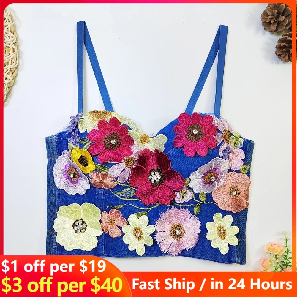 

Denim Vest Corset One Piece Sling Top Women Wear Drawstring Beautiful Back Three-dimensional Flower Embroidery Versatile Bra