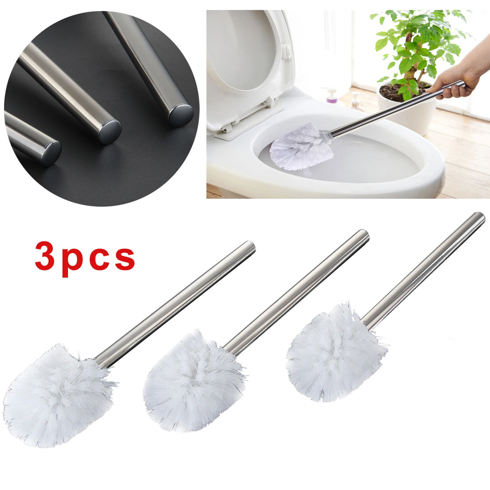 

3pcs Toilet Brush Silver Chrome Handle Stainless Steel Cleaning WC Bathroom Tough Easy Clean Visible Effect Ideal