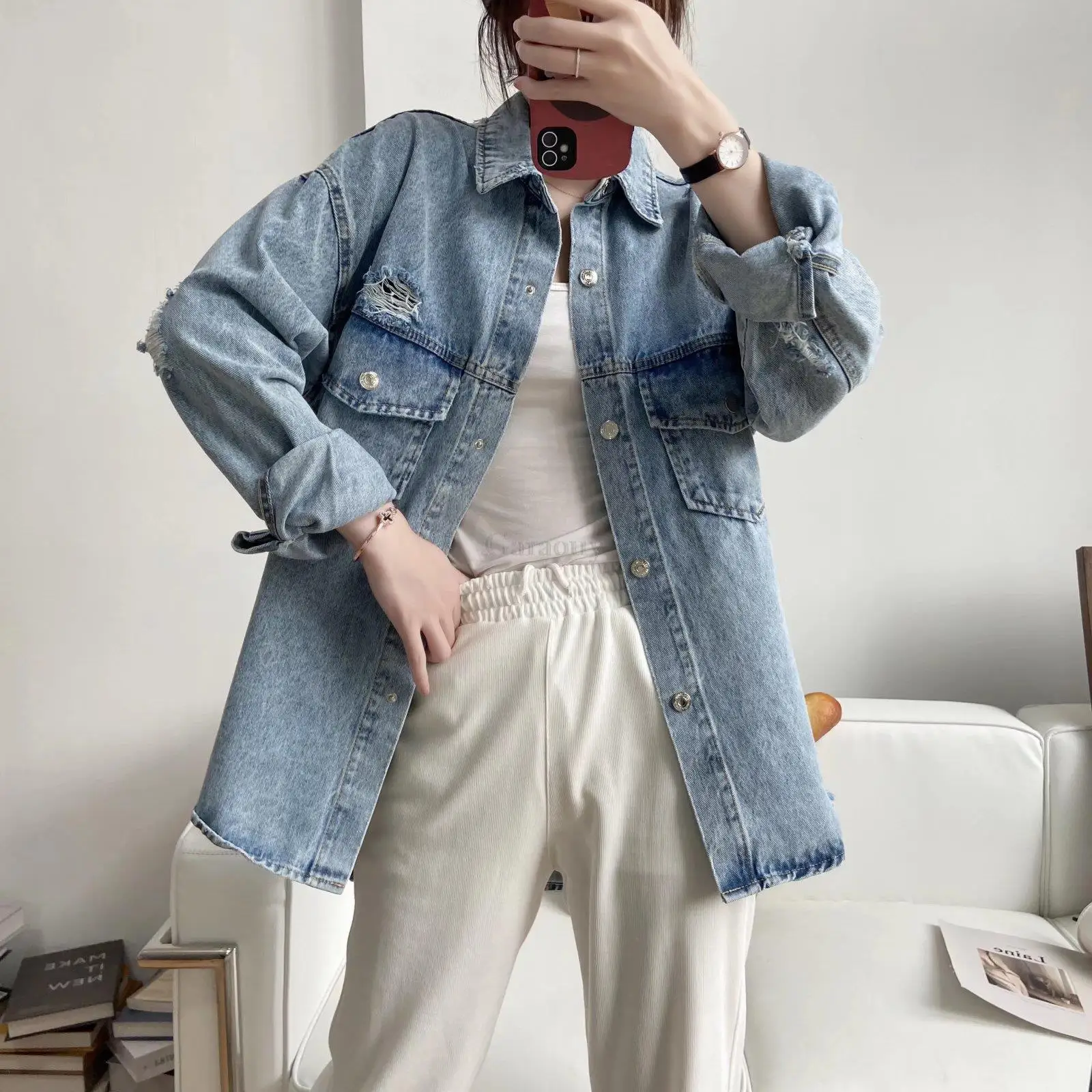 Garaouy 2023 New Women Spring Autumn Ripped Denim Cool Jacket Fashion Casual Loose Pocket Buttons Blouses Oversize Shirt Coat