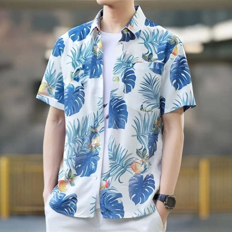 

Hawaiian Men Plants Pattern Cuban Shirts Handsome Male Large Size Short Sleeve Blouse Summer Tops Loose Casual Streetwear Summer