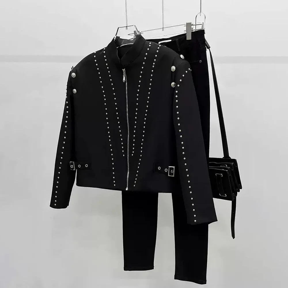 Mens Jacket Rivet Belt Decoration Jacket Nightclub Temperament Personality Party Performance Zipper Jacket Men\'S Clothing 2024