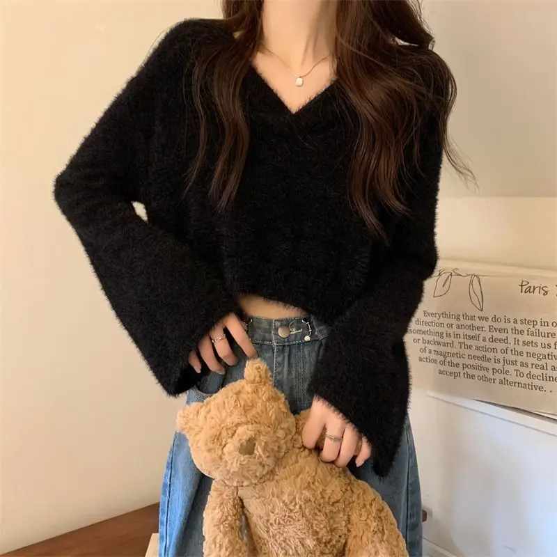 Faux Mink Velvet Pullovers Women Short V-neck Loose Basic Ins Autumn Winter Korean Solid Fluffy Gentle All-match Female Graceful