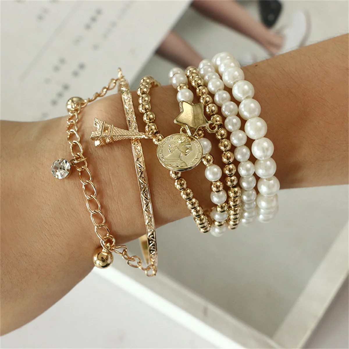 Multi layer Bracelet Eiffel Tower Imitation Pearl Vintage Bracelet Bangles Boho Jewelry