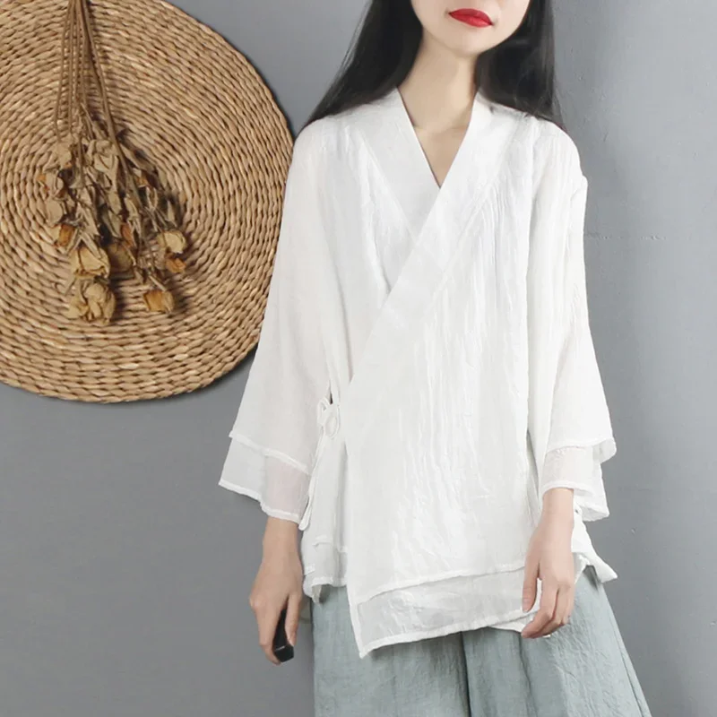 Chinese Style Ethnic Harajuku Zen Tops Clothes Women Cotton Linen Solid Vintage Tang Suit V Neck Loose Spring Blouse Thin Hanfu