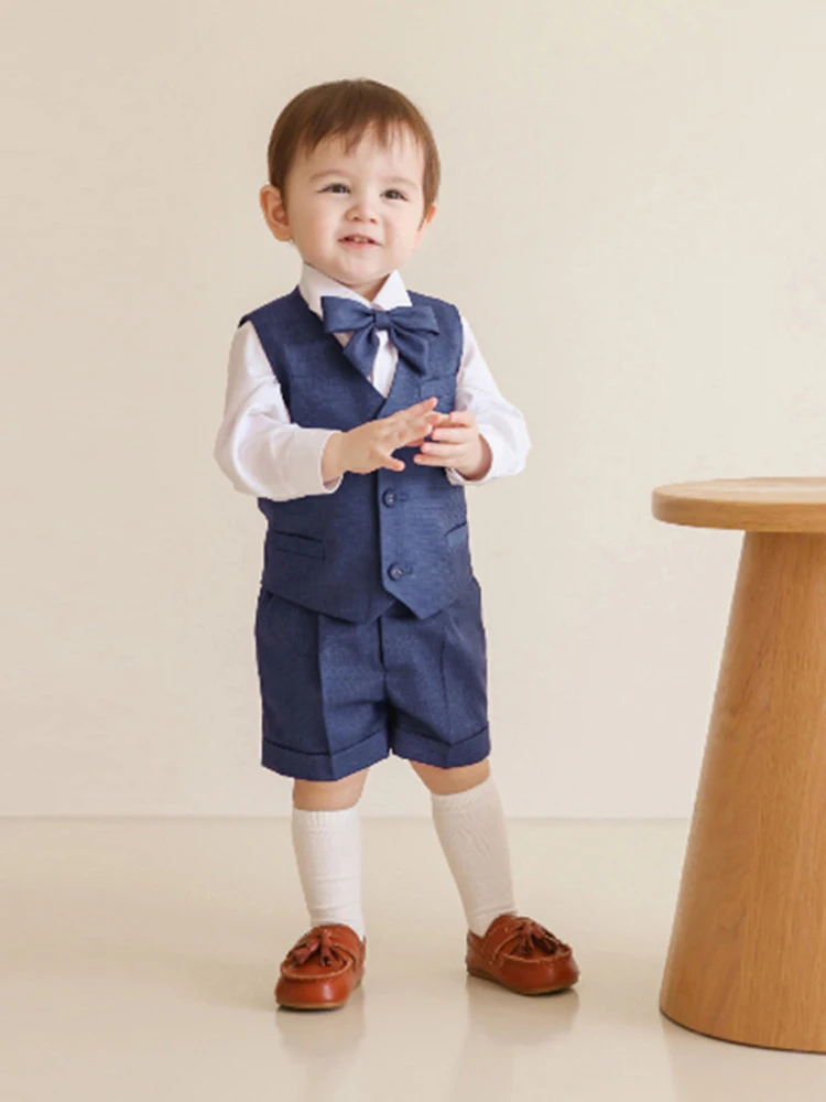 Boutique Boys Girls Clothes Set Formal Birthday Suit Kids Blue Vest Shirt Short Bowtie Wedding Dress Suit Costume