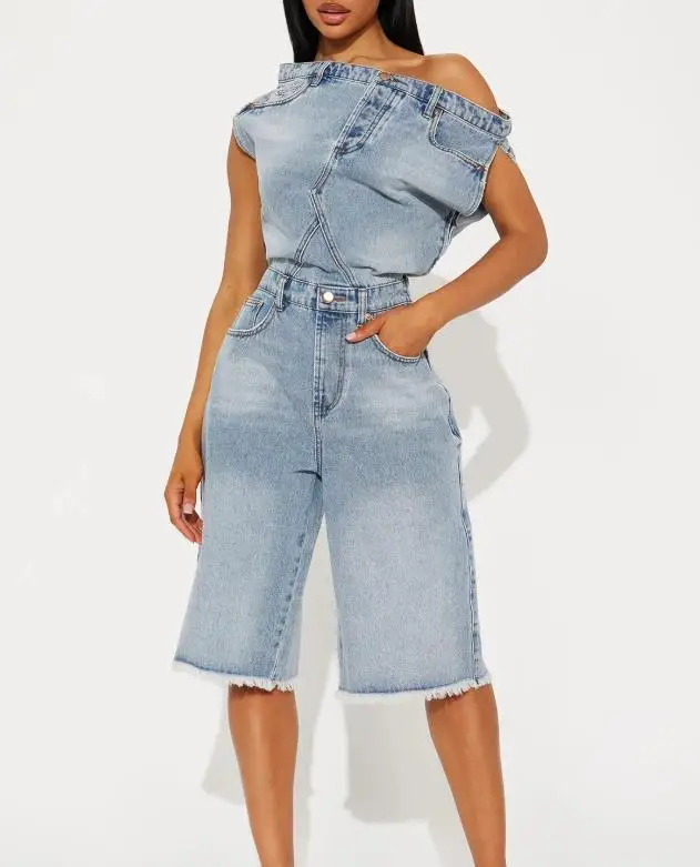 

Summer New Trend Personalized One Neck Design Slim Fit High Waist Straight Leg Jumpsuit Women's Side Zipper Denim Jumpsuit