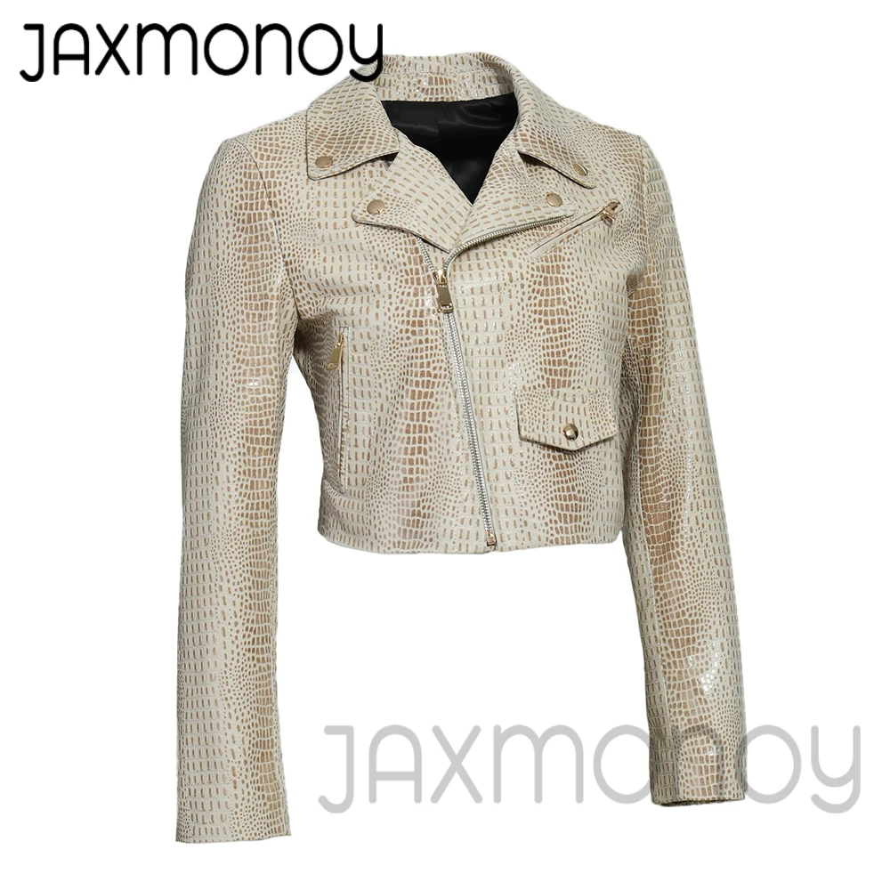 Jaxmonoy Women's Real Leather Jacket Short Style Spring Sheepskin Moto Biker Zipper Jacket Ladies Fashion   Cropped Coat Autumn