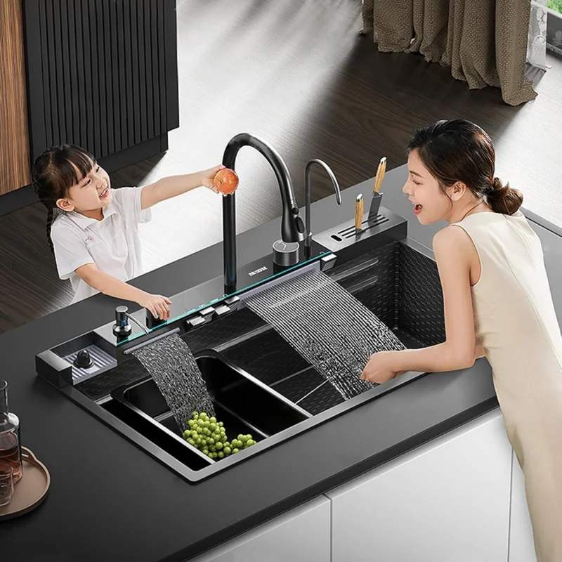 

(UUT) Кухонная раковина с водопадом, домашняя раковина с одной чашей и встроенным смесителем из нержавеющей стали EG