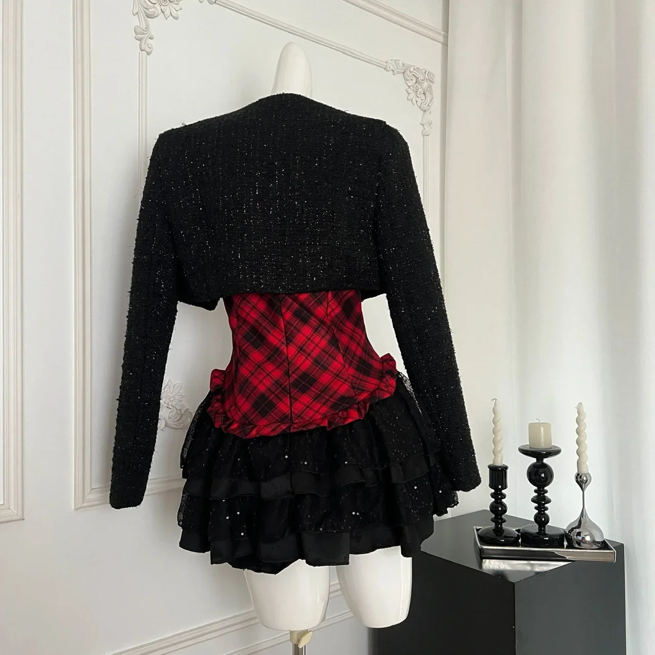 Winter Y2k Sexy Elegant 2 Piece Sets Woman Chic Short Coat + Plaid Fluffy Vintage Dress Female Korean Fashion Retro Suits 2025