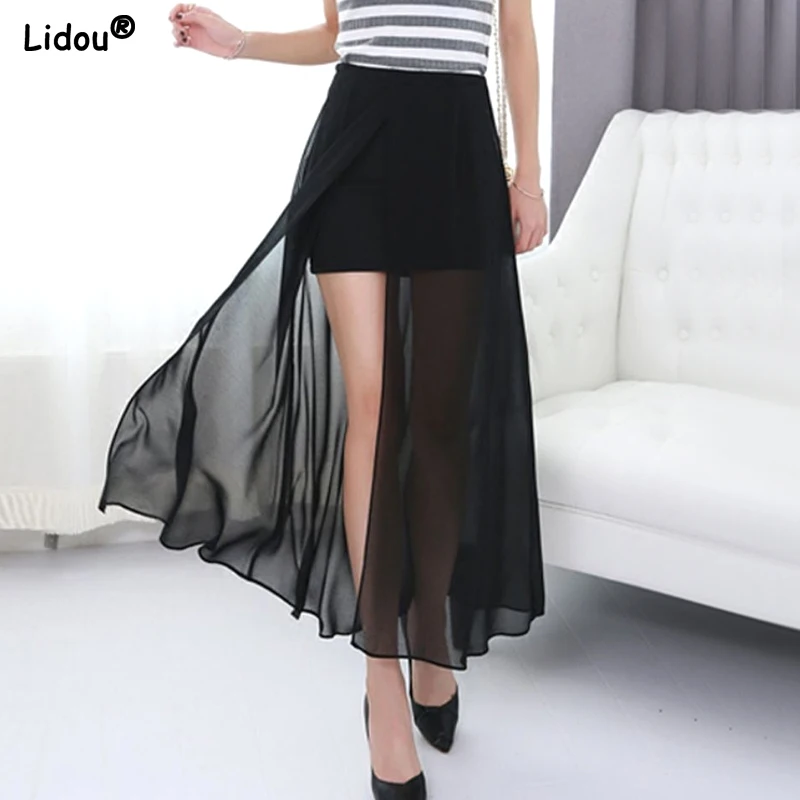 Women's Clothing New 2023 Summer Thin Elegant Fashion Solid Color Simplicity Comfortable Patchwork Gauze Casual  Korean Skirts