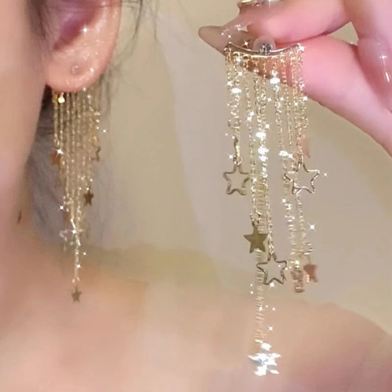 Funkelnder Zirkon-Sterne-Ohrring mit langer Quaste für Damen, exquisiter Strass-Schneeflocken-Blumen-Tropfenohrring, Weihnachtsschmuck