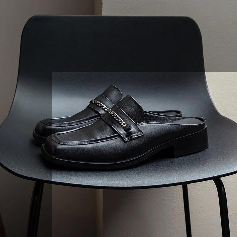 

Square Toe Thin Sole Increase 2025 Spring New Men Outdoor Slippers Metal Chain Decorative Office Commuter Men's Shoes