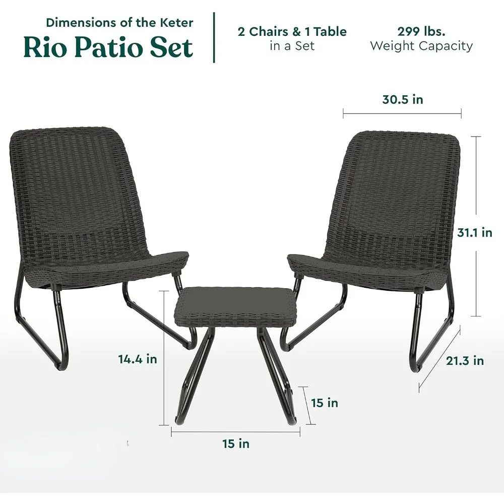 3 Piece Resin Wicker Patio Furniture Set with Side Table and Outdoor Chairs, Dark Grey