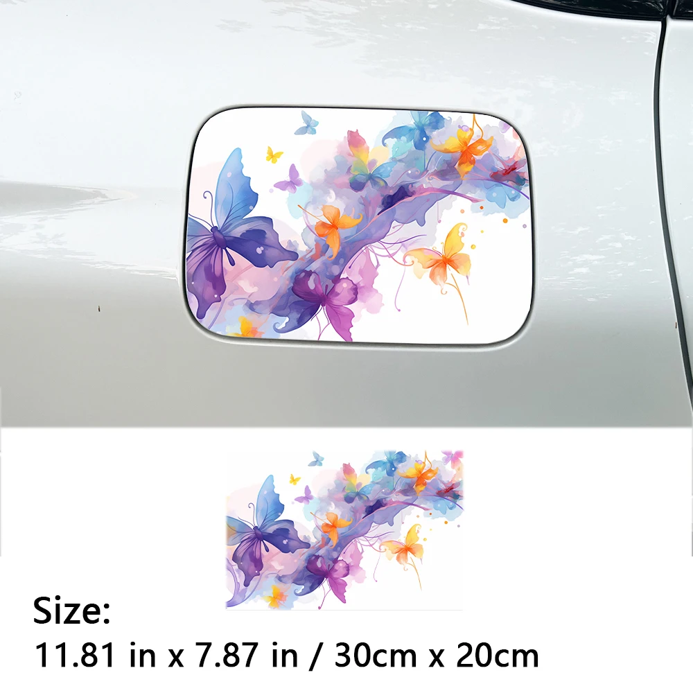 1PC Purple Orange Watercolor Flying Butterfly Car Fuel Tank Sticker PET Waterproof Soft Ink Art Auto Fuel Cap Exterior Decal view 3
