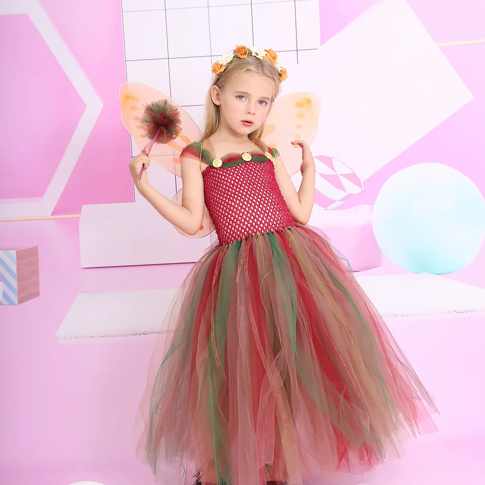 Girls Halloween New Fairy Tulle Dress Set Sleeveless Layered Mesh Gown With Decor Wings And Magic Wand Kids Soft Fashion Apparel
