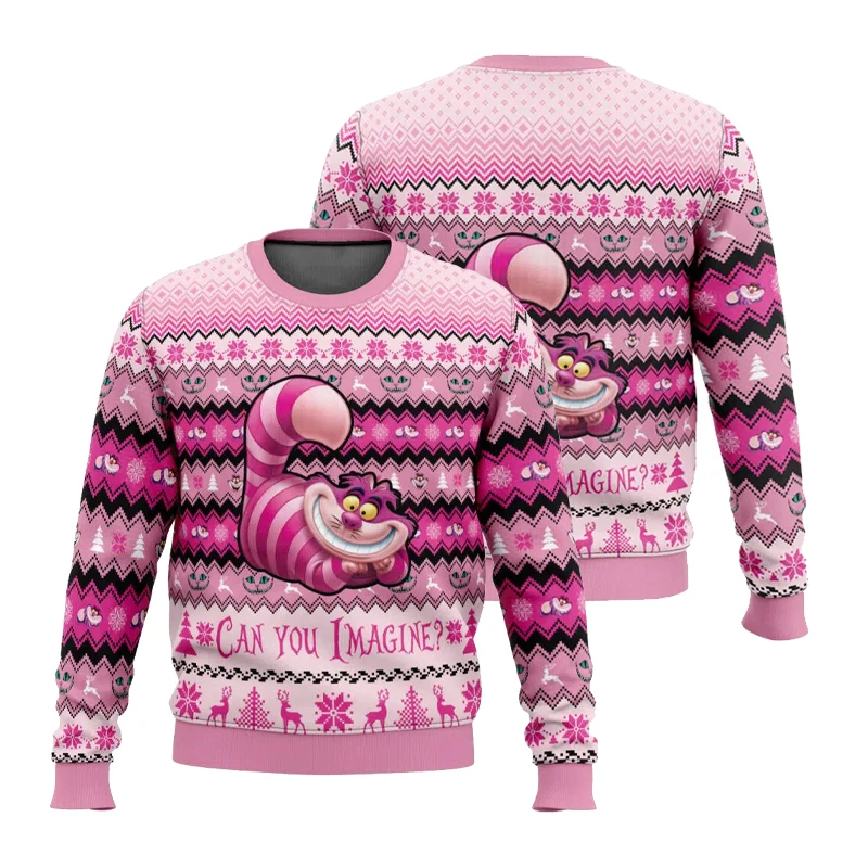 เสื้อสเวตเชิ้ตแฟชั่นคอกลมพิมพ์ลายแมวเชเชียร์จากนิทานอลิซในแดนมหัศจรรย์สำหรับผู้หญิงช่วงฤดูหนาว  ลายคริสต์มาสแบบตลก