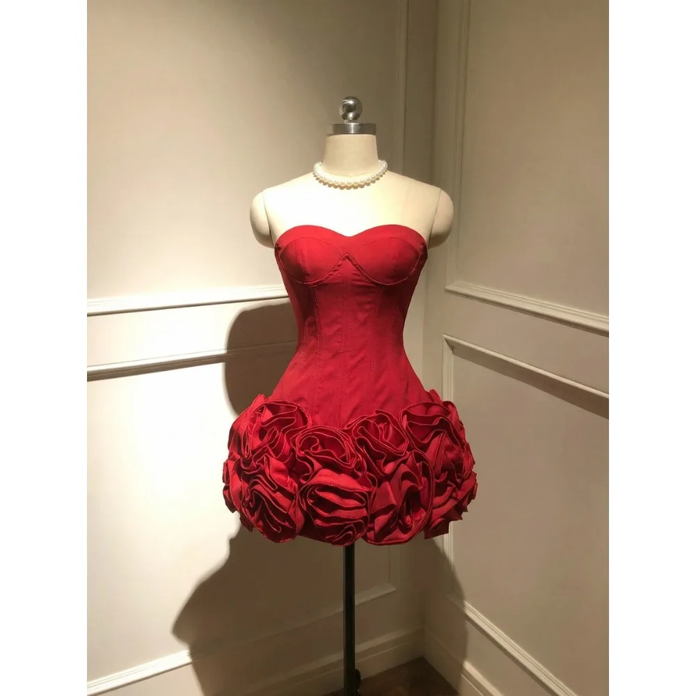 Robe élégante vintage française rouge 2026 pour femme, sexy, épaules dénudées, motif rose, mini-robe féerique pour fête d'anniversaire, vêtements chics