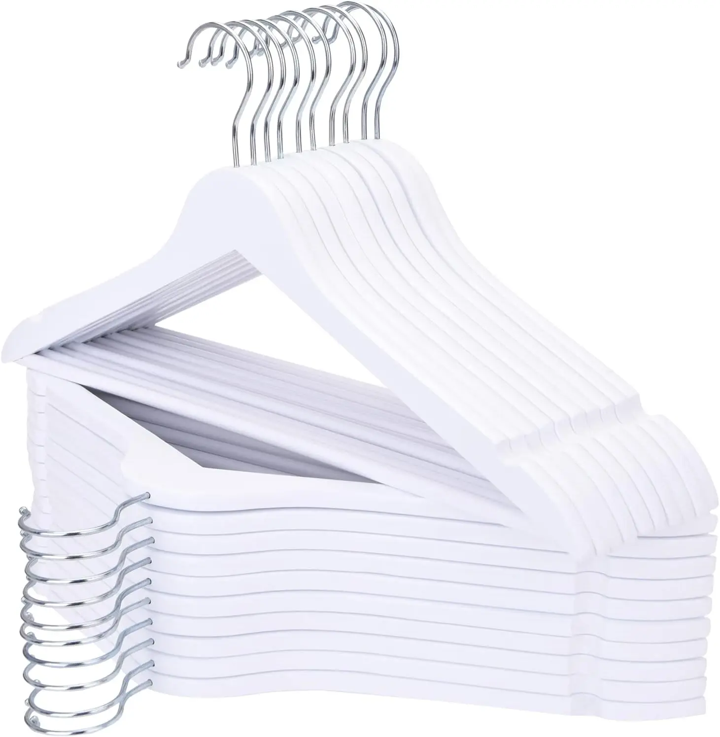 

20 штук гладких деревянных вешалок с хромированным поворотным крючком для рубашек, пальто, курток, платьев, белые