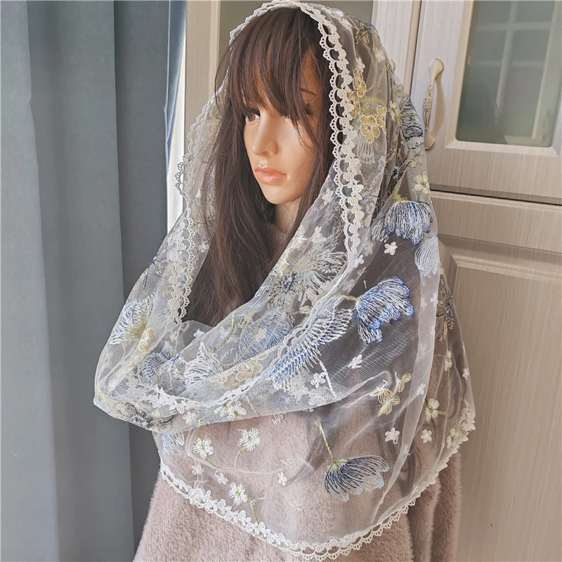 

Infinity Blue Lotus Gold Floral Mantilla Veils Catholic White Tulle Mass Church Head Covering Vintage Chapel Embroidered Flowers