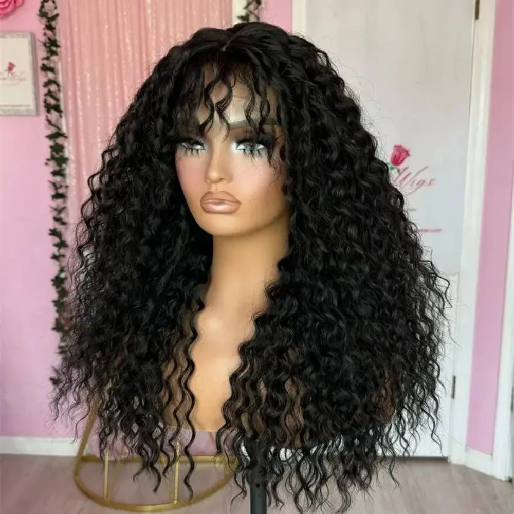 

Черный парик 13x4 HD вьющийся парик спереди с челкой Свободный глубокий волнистый фронтальный парик Бесклеевой предварительно выщипанный синтетический готовый к ношению