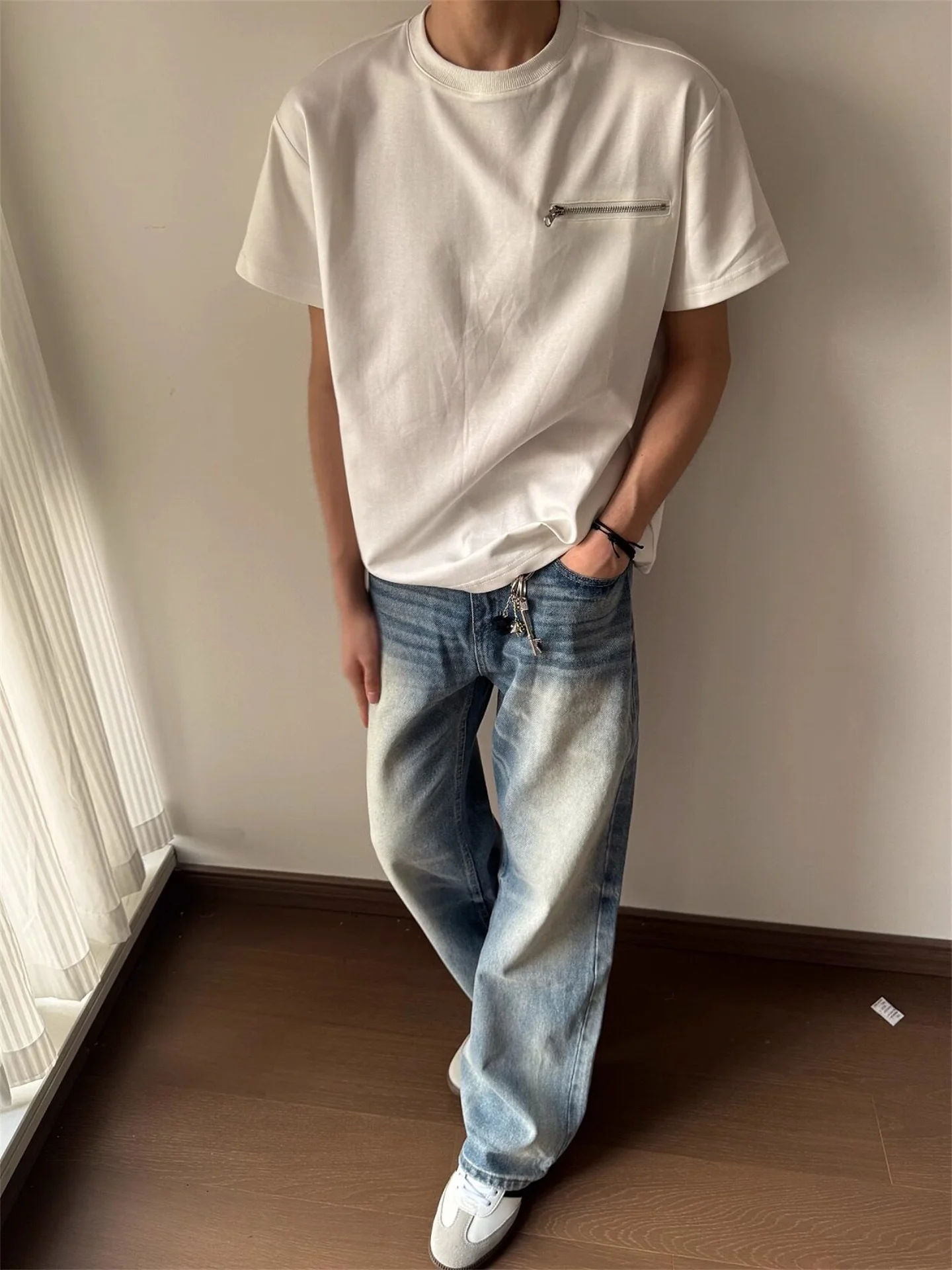 

American Retro Cleanfit Waed Blue Jeans Men Spring Summer Casual Loose Straight Versatile Pants mid Waist Zipper