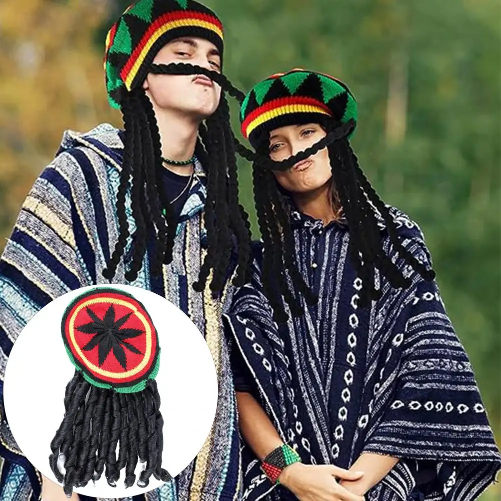 Reggae Hat with Black Dreadlocks Comfortable Braid Hat Wig Ethnic Style Reggae Beret Woolen Knitting Hat for Halloween Costume