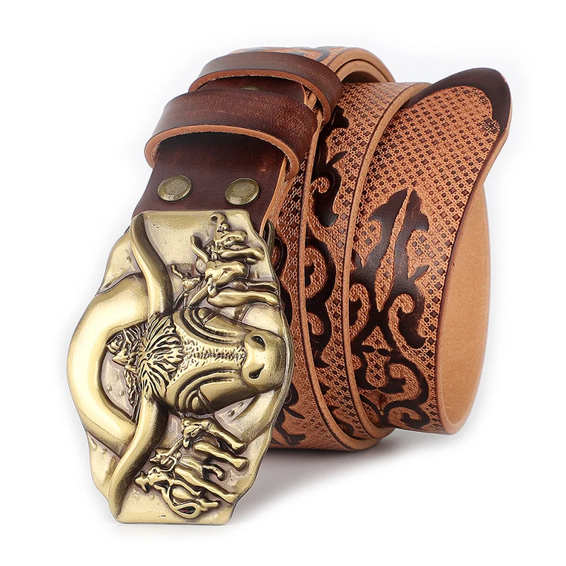 Top Cow genuine leather belts for men Copper buckle Cow Grass Grain Jade Brass Plate Buckle Ancient High quality Male Belt