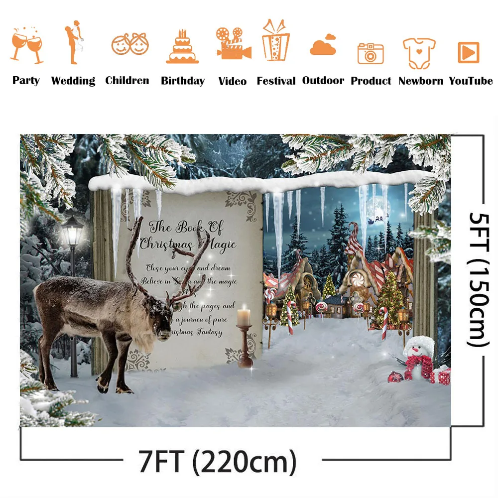 The Book Of Christmas Magic Backdrop for Photography North Pole Photo Booth Background Deer White Snow Scene Banner Kid Portrait