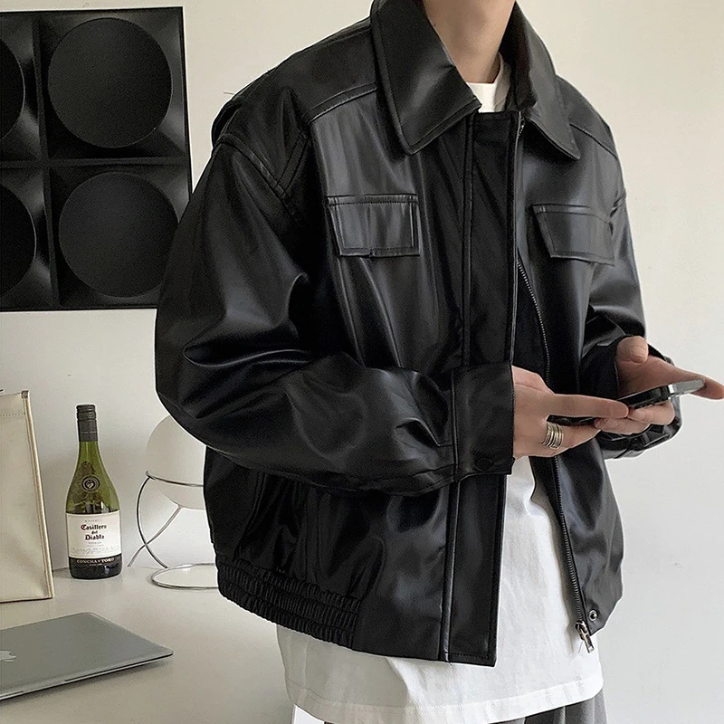 Men's Casual Texture PU Leather Jacket High Street Zippers Turn-down Collar Long Sleeve Retro Coats with Pocket Autumn 2025 New