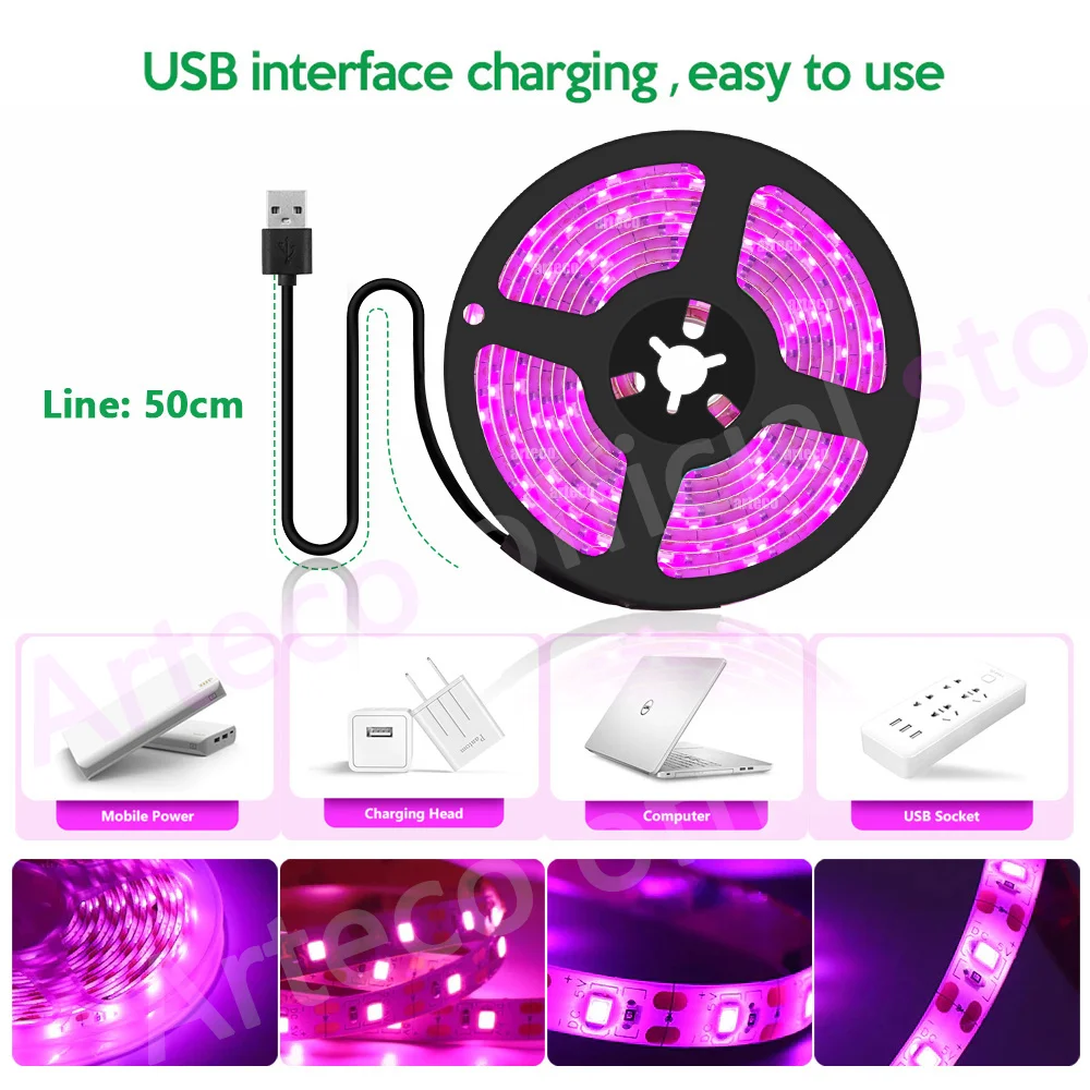 Pełne spektrum lampa fito USB 5V oświetlenie LED do uprawy paski 2835 SMD roślina kwiat Led do szklarni w pomieszczeniach