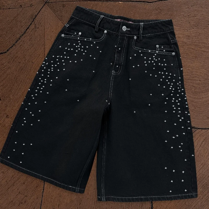

Y2k Harajuku Denim Shorts Retro Print Design Cross Starry Sky Shorts Trend Men Women Hip Hop Streetwear High Street Baggy Pants
