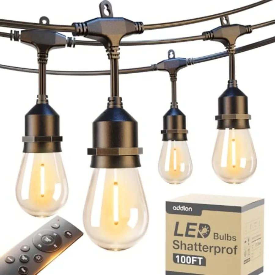 

100Feet Outdoor String Lights with Remote Dimmable Patio Lights Waterproof Shatterproof Edison Bulb for Outside Backyard Porch